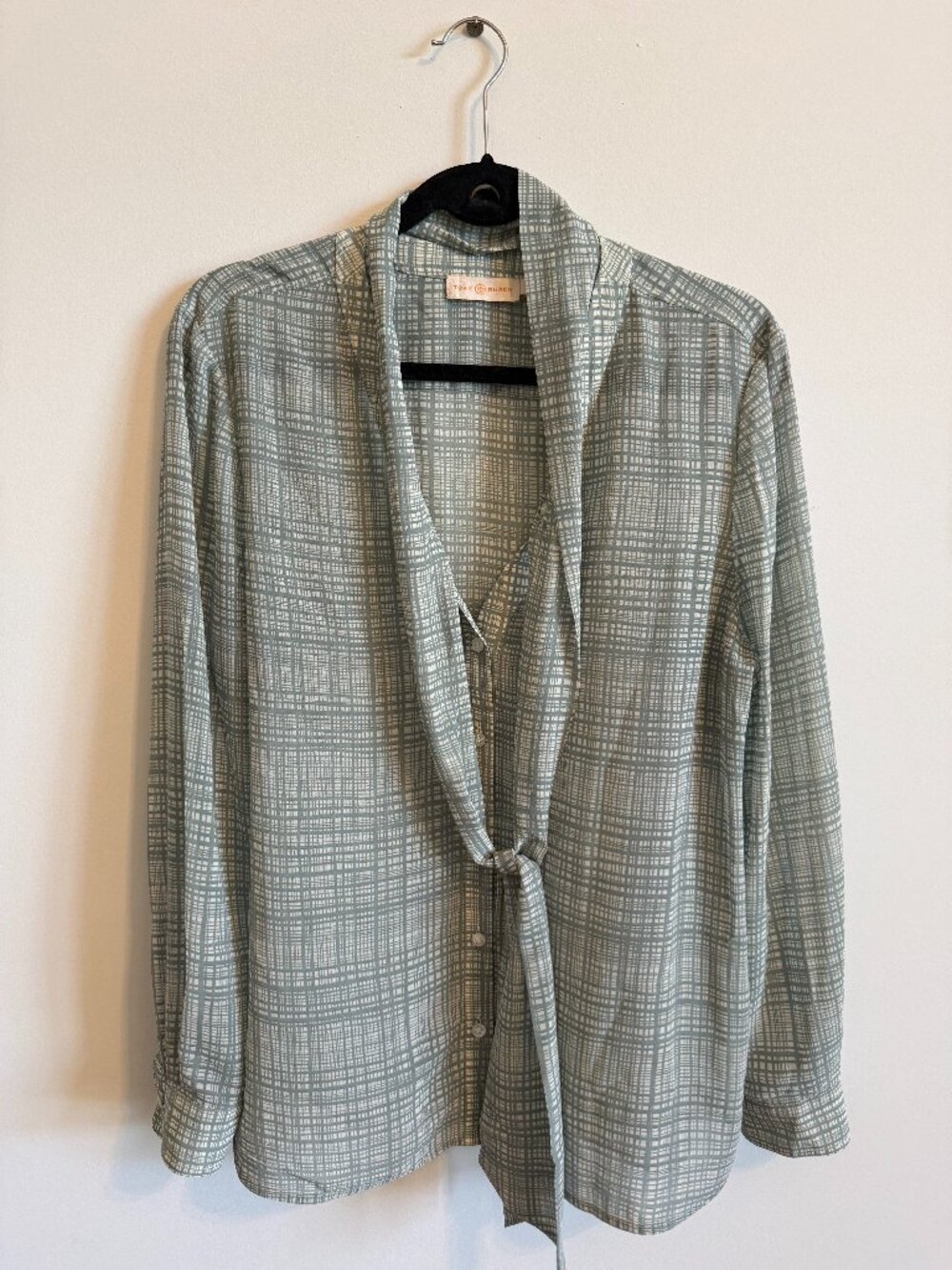 Tory Burch Sage Plaid Tie-Neck Blouse Sz 14